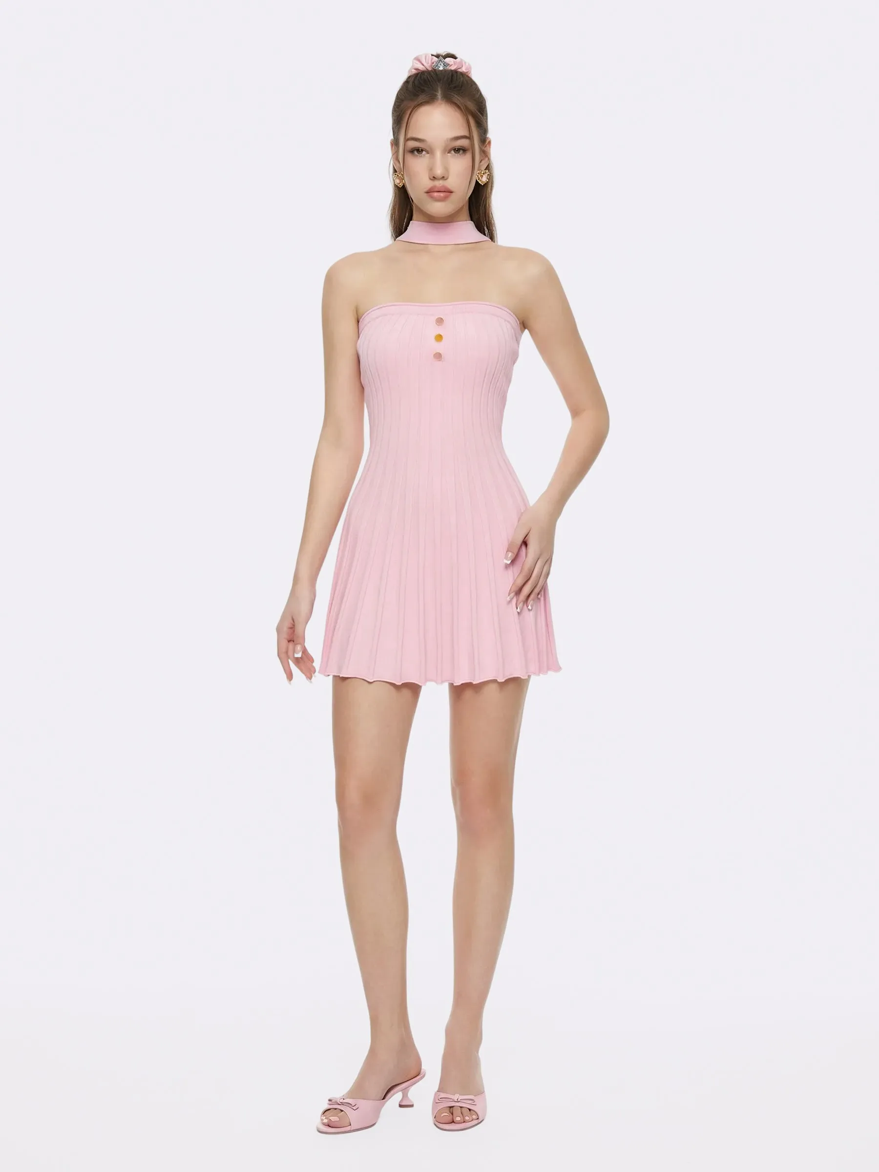 Ava Reverse Halter Pink Knit Flared Dress sold by Nana Jacqueline