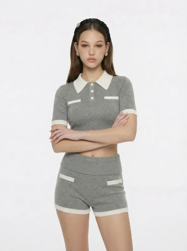 Mia Contrast-Collar Grey Short Sleeve Knit Top made by Nana Jacqueline