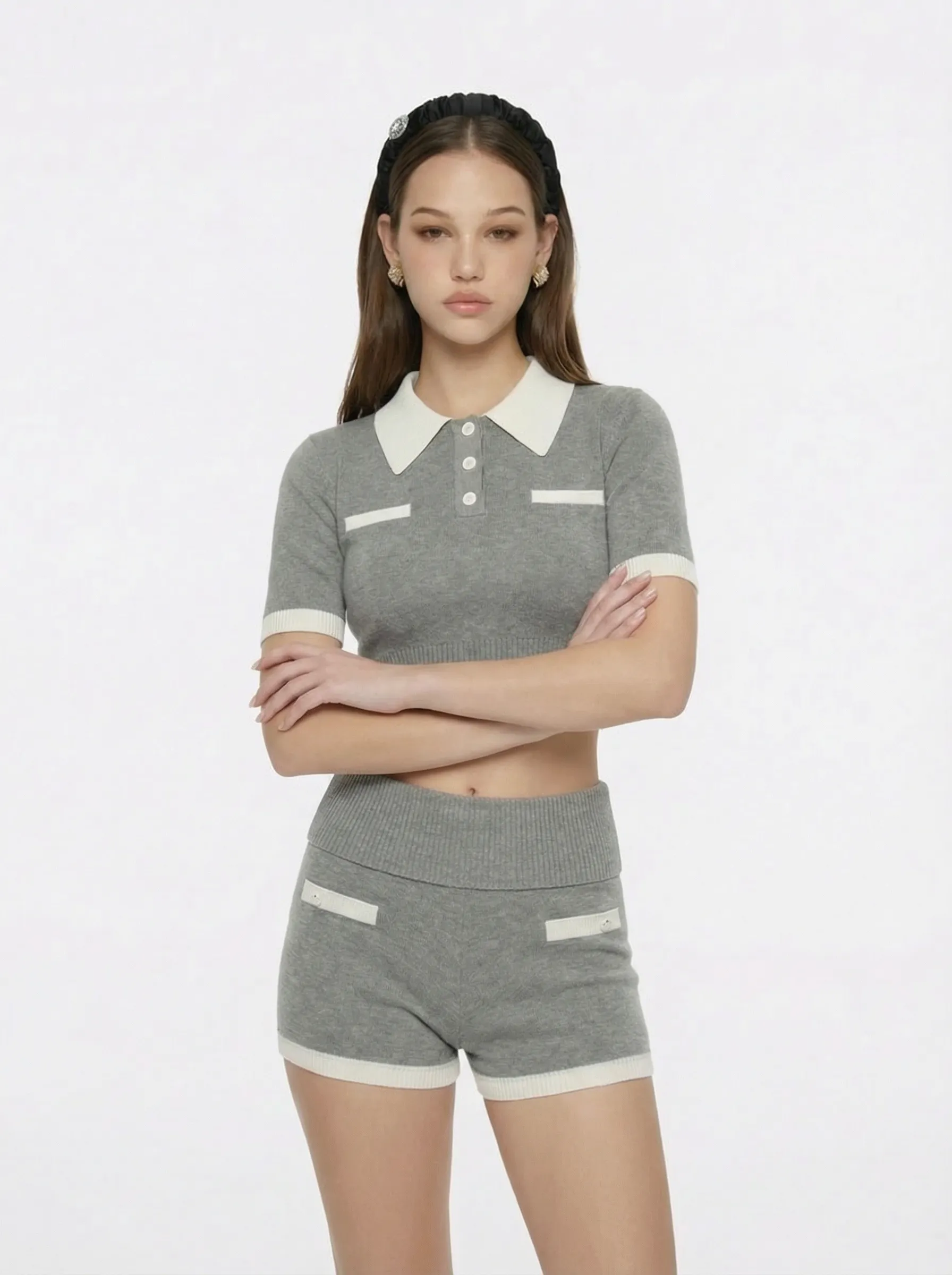 Mia Contrast-Collar Grey Short Sleeve Knit Top sold by Nana Jacqueline