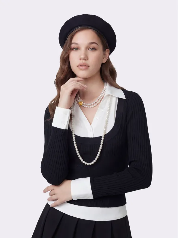 Claudette Contrast Collar Rib Knit Black Top made by Nana Jacqueline