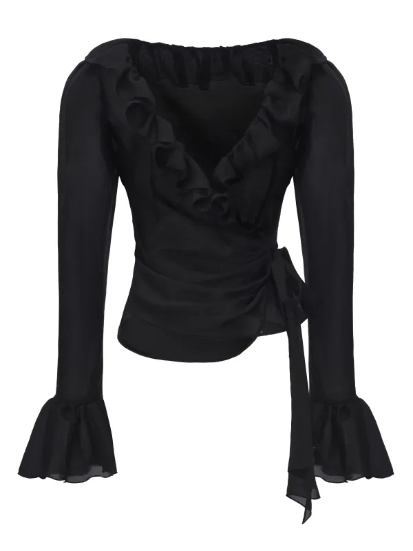 Charlotte Ruffle Black Wrap Top made by Nana Jacqueline
