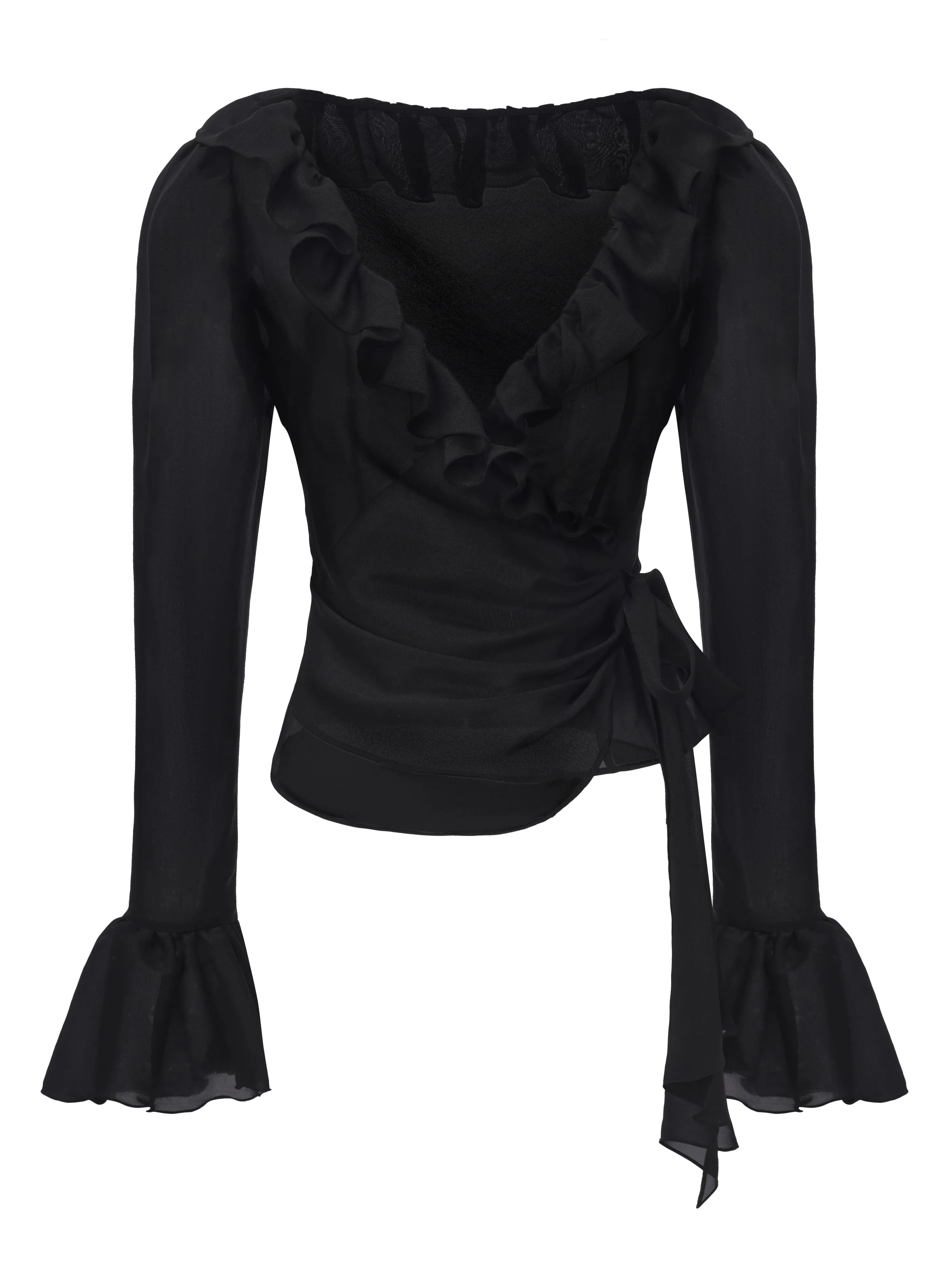 Charlotte Ruffle Black Wrap Top sold by Nana Jacqueline