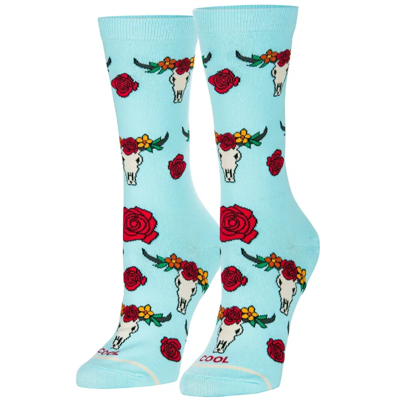 Floral Steer Heads Women's Crew Socks sold by Odd Sox