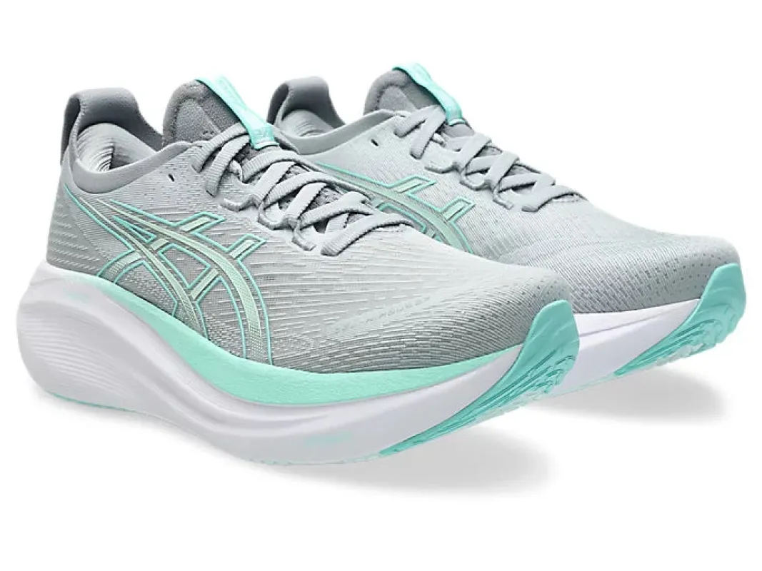 Asics Women's Gel Nimbus 27 Piedmont Grey Illuminate Mint sold by Orleans Shoe Co.