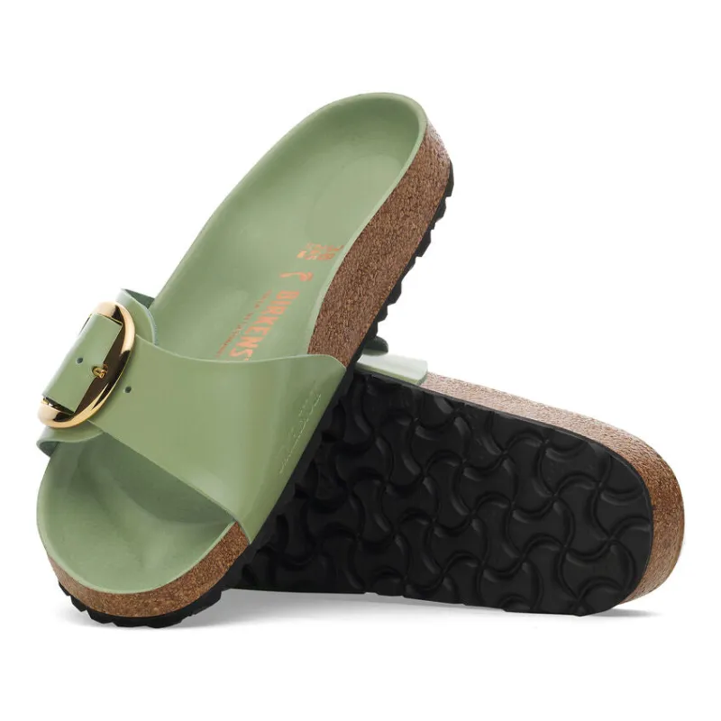 Birkenstock Women’s Madrid Big Buckle High-Shine Green Tea sold by Orleans Shoe Co.