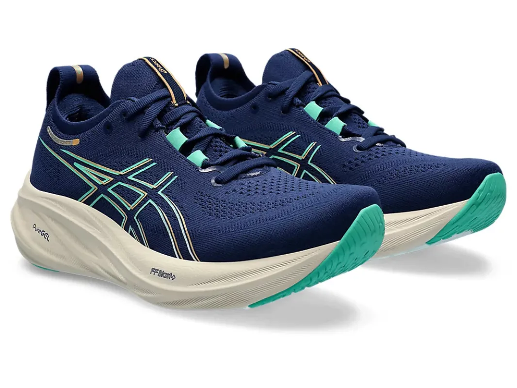 ASICS Women’s Gel Nimbus 26 Blue Expanse Aurora Green sold by Orleans Shoe Co.