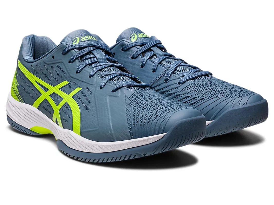 Asics Men’s Solution Swift FF Steel Blue Hazard Green sold by Orleans Shoe Co.