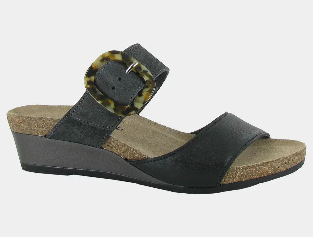 Naot Women’s Kingdom Soft Black Leather Oily Midnight Suede sold by Orleans Shoe Co.