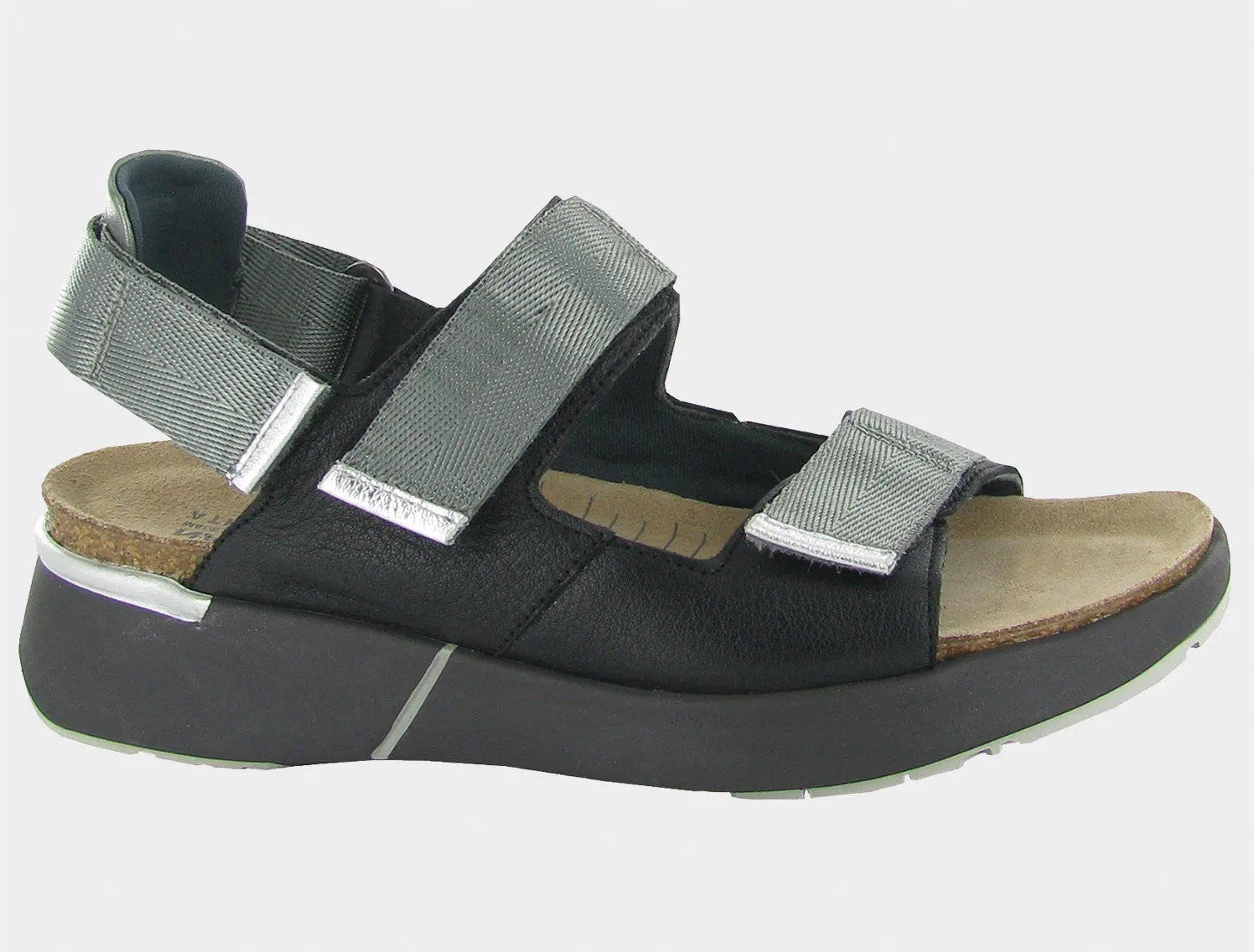 Naot Women's Odyssey Soft Black Sterling Silver sold by Orleans Shoe Co.