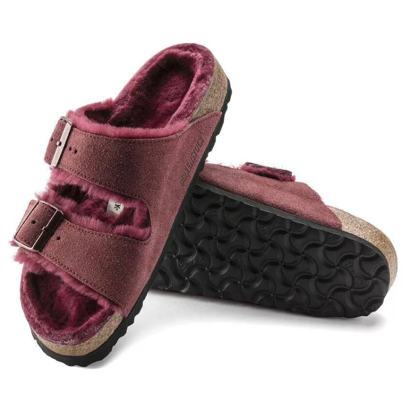 Birkenstock Women's Arizona Fur Maroon Shearling sold by Orleans Shoe Co.