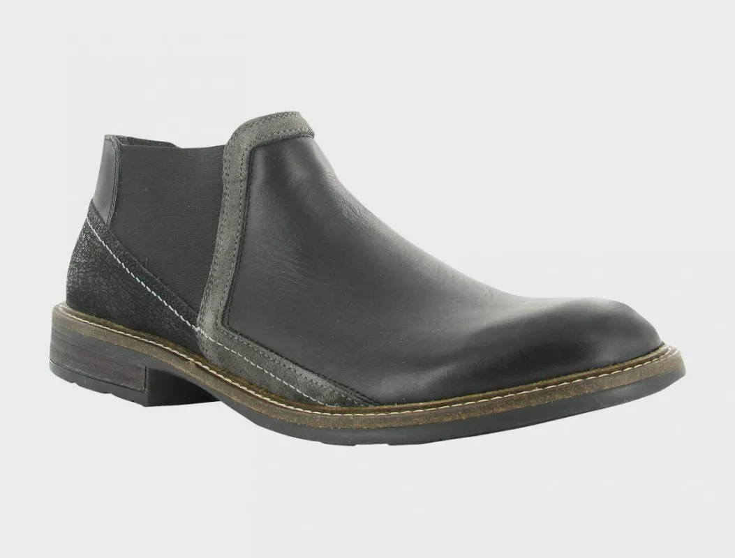 Naot Men's Business Black Raven Black Crackle Leather Grey Suede Boot sold by Orleans Shoe Co.
