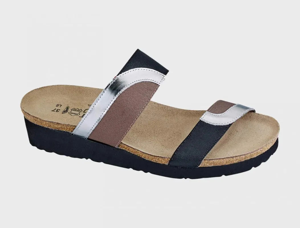 Naot Women's Frankie Silver Mirror Leather Gloss Black Stretch Khaki Patina Elastic Sandal sold by Orleans Shoe Co.