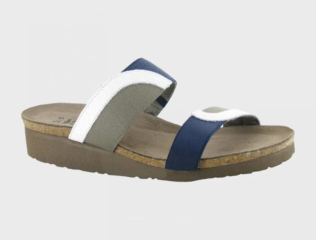 Naot Women's Frankie White Diamond Leather Shiny Blue Elastic Khaki Patina Elastic Sandal sold by Orleans Shoe Co.