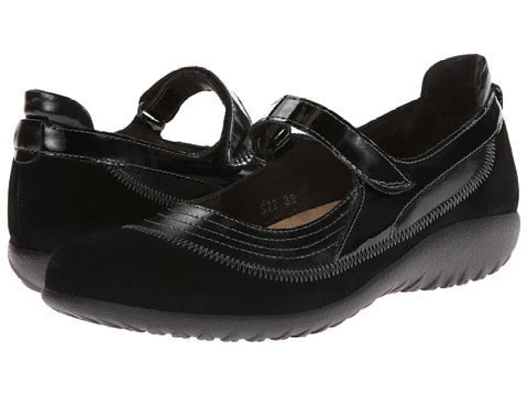 Naot Women's Kirei Black Madras Suede Mary Jane sold by Orleans Shoe Co.