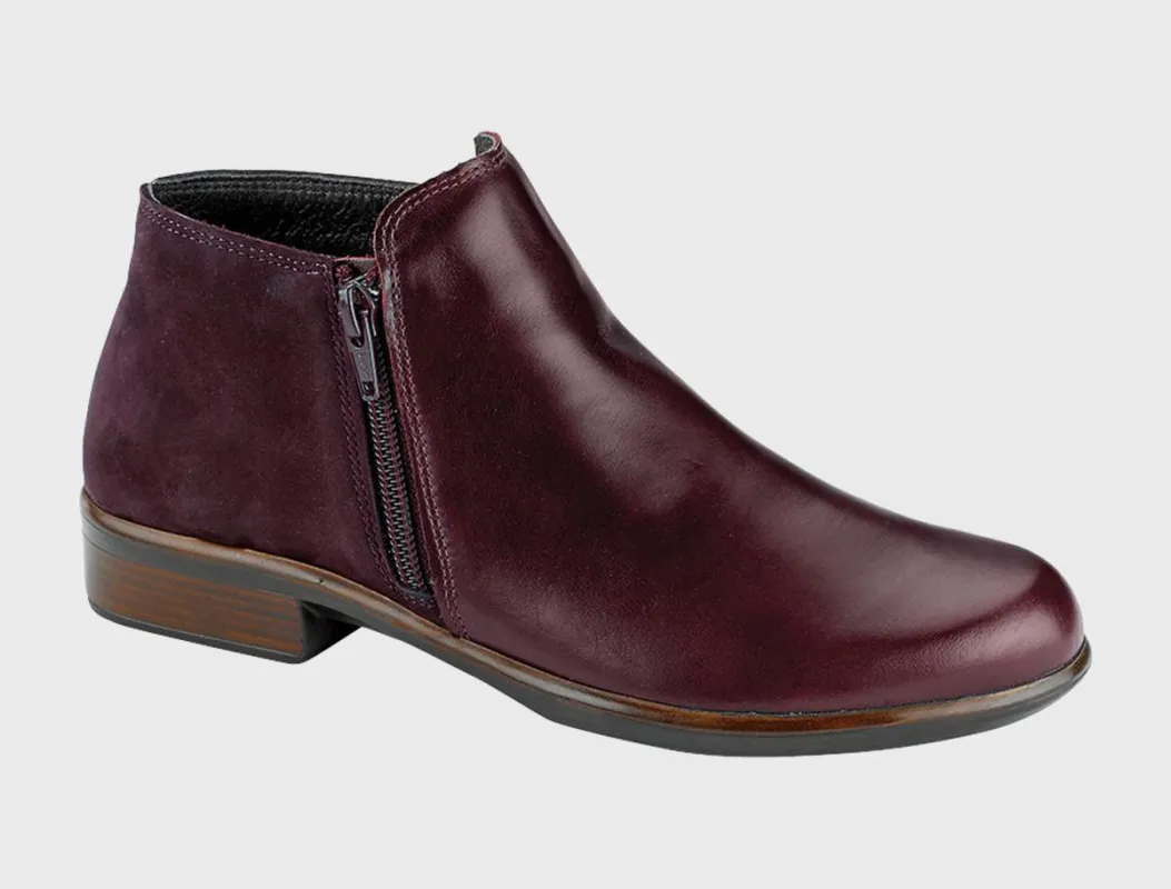 Naot Women's Helm Bordeaux Leather Violet Nubuck Ankle Boot sold by Orleans Shoe Co.