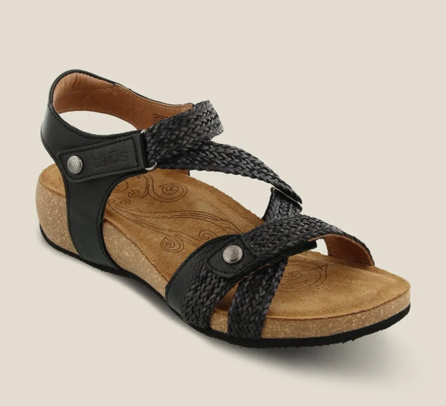 Taos Trulie Wedge Sandal Black sold by Orleans Shoe Co.