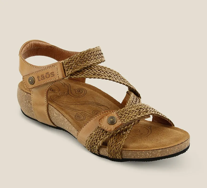 Taos Trulie Wedge Sandal Camel sold by Orleans Shoe Co.