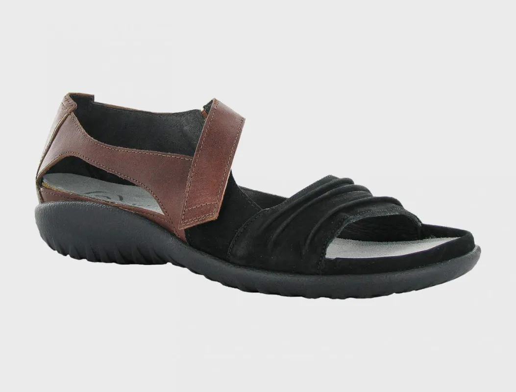Naot Women's Papaki Black Velvet/Cinnamon Sandal sold by Orleans Shoe Co.