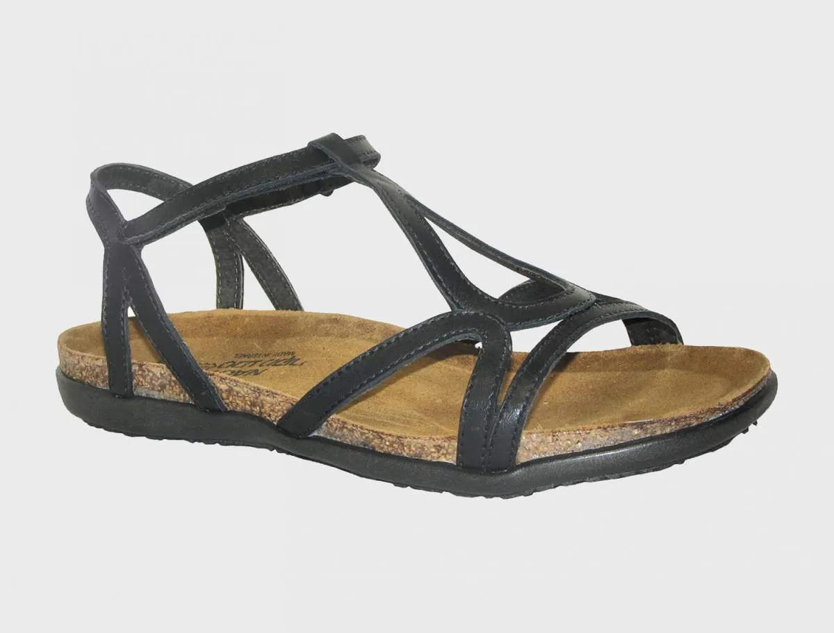 Naot Women's Dorith Gladiator Sandal Black Raven Leather sold by Orleans Shoe Co.