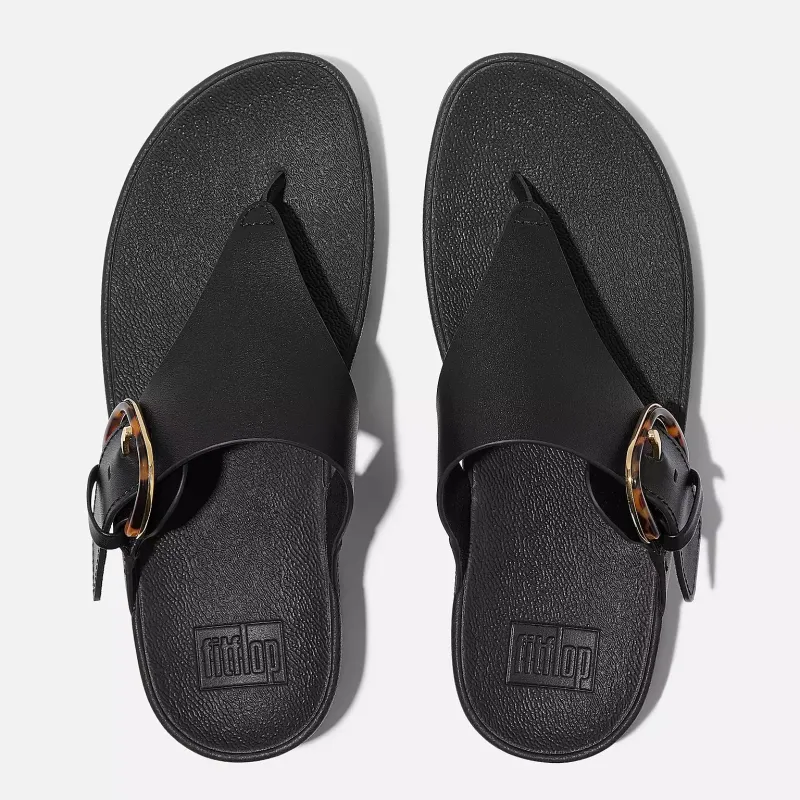 Fit Flop Women's Lulu Resin Buckle Leather Toe Post Sandals All Black sold by Orleans Shoe Co.