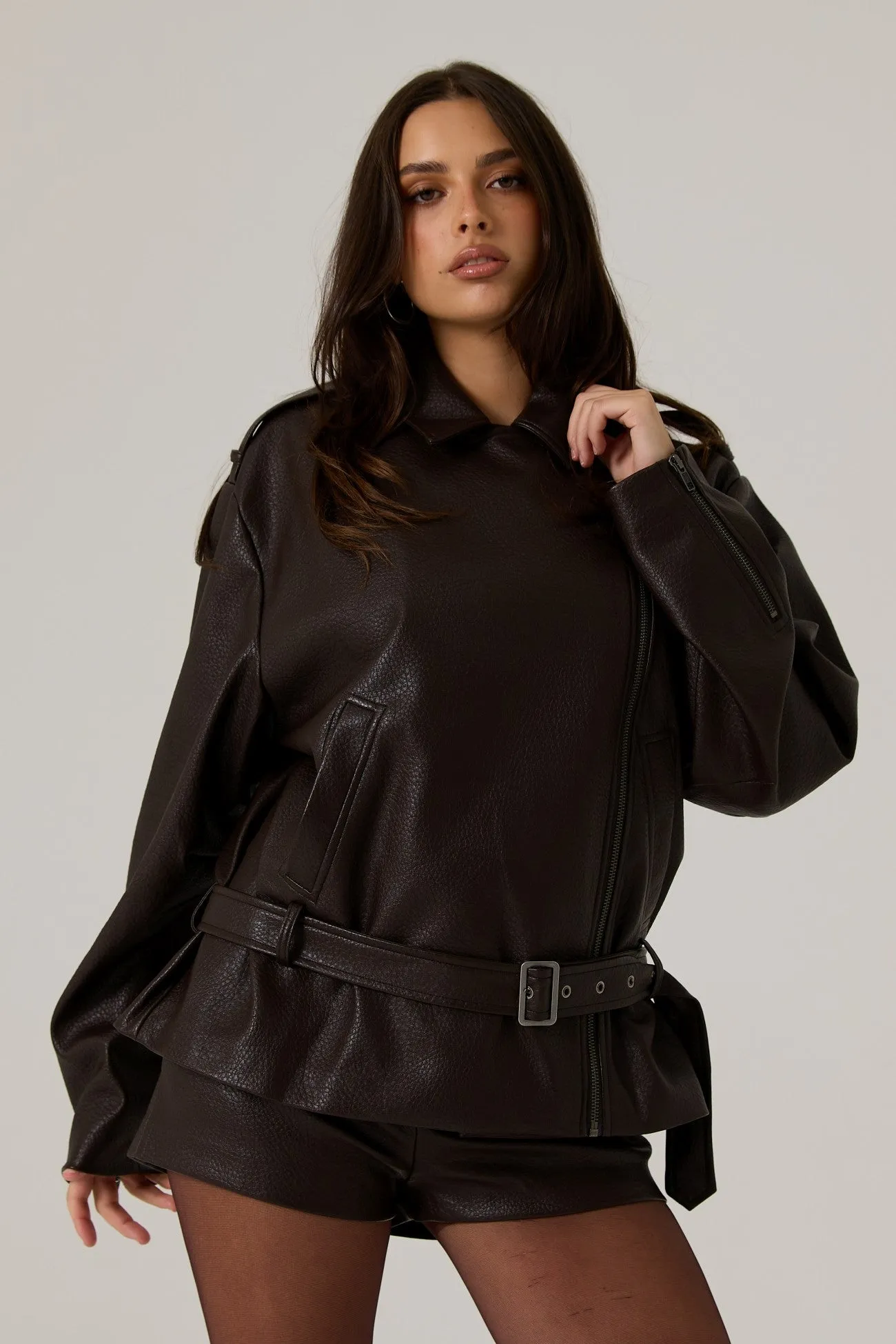 Berkley Vegan Leather Biker Jacket - Dark Truffle sold by RAEF product image thumbnail 4
