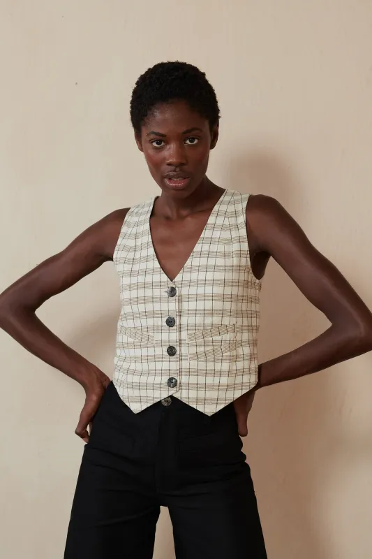 FARRA VEST | bone plaid | organic + earth dyed sold by Maria Stanley