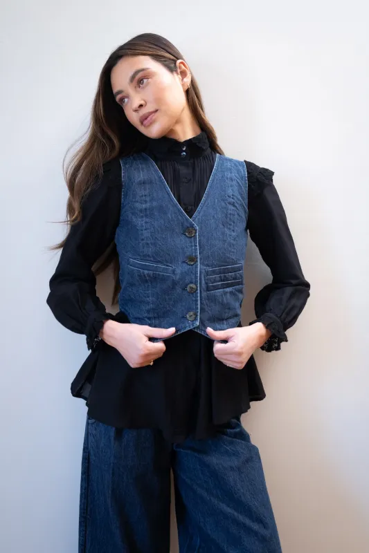 FARRA VEST | denim | organic + earth dyed sold by Maria Stanley