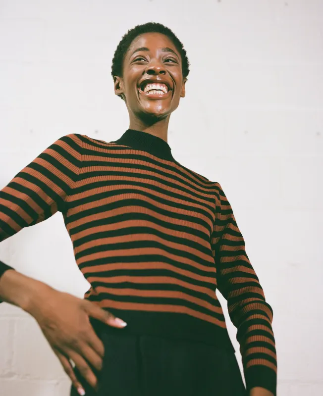 JANE RIBBED TURTLENECK | cacao stripe | organic sold by Maria Stanley