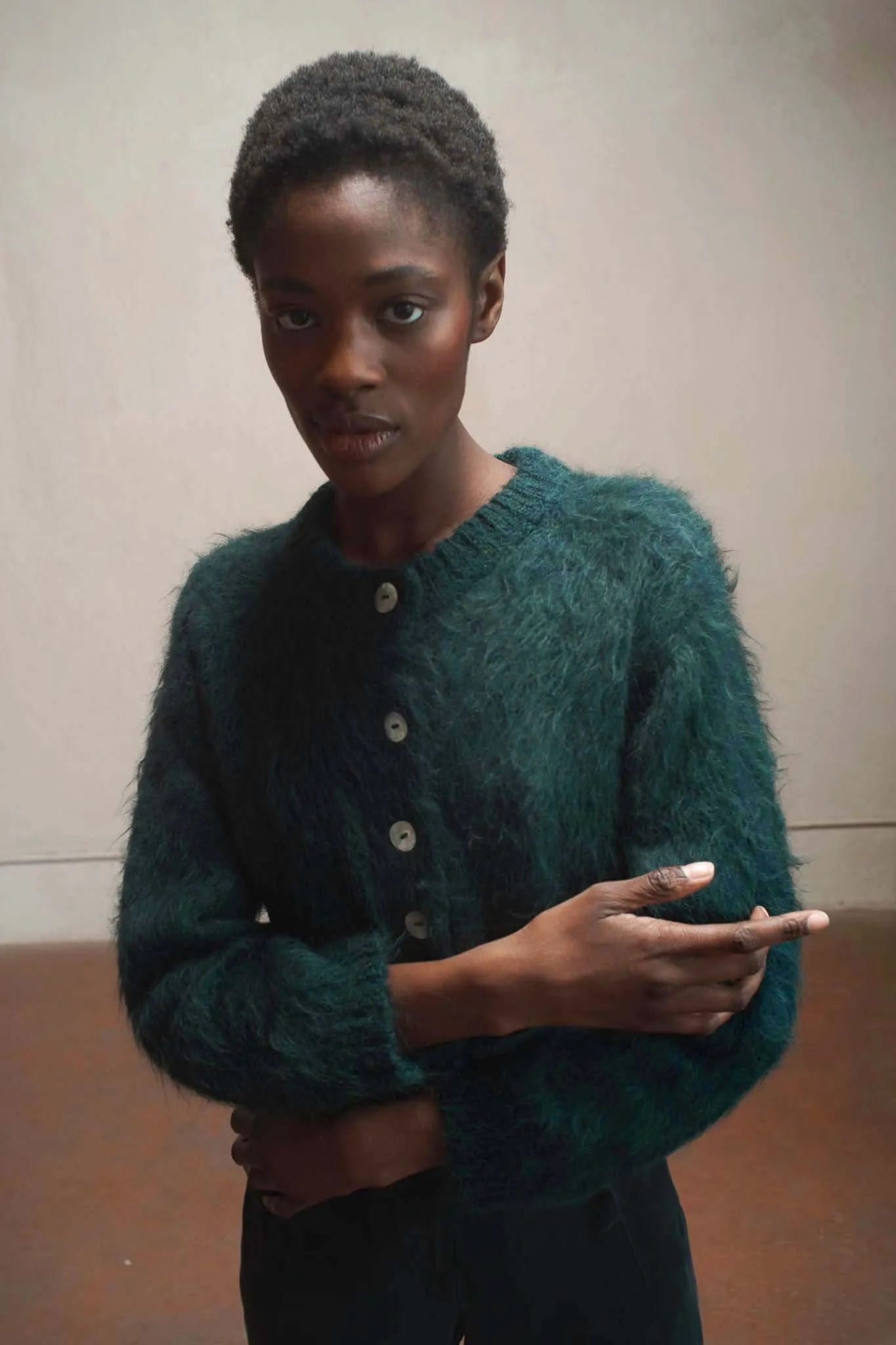 BRUSHED CARDI | kelp sold by Maria Stanley