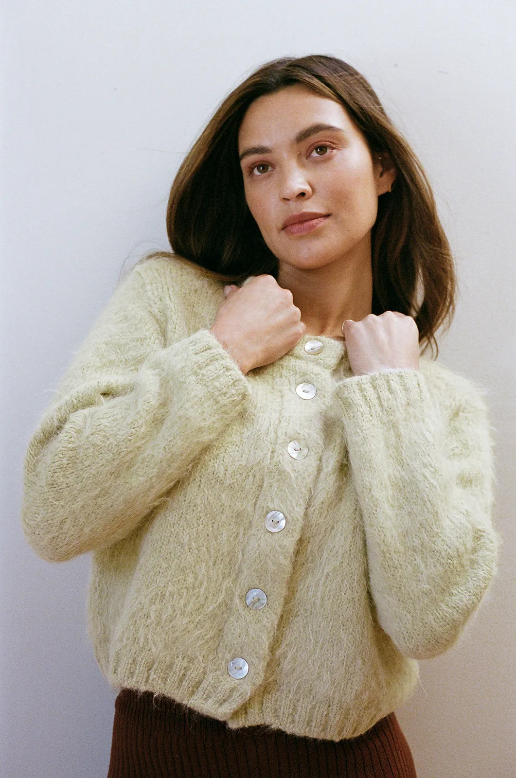 BRUSHED CARDI | pear sold by Maria Stanley