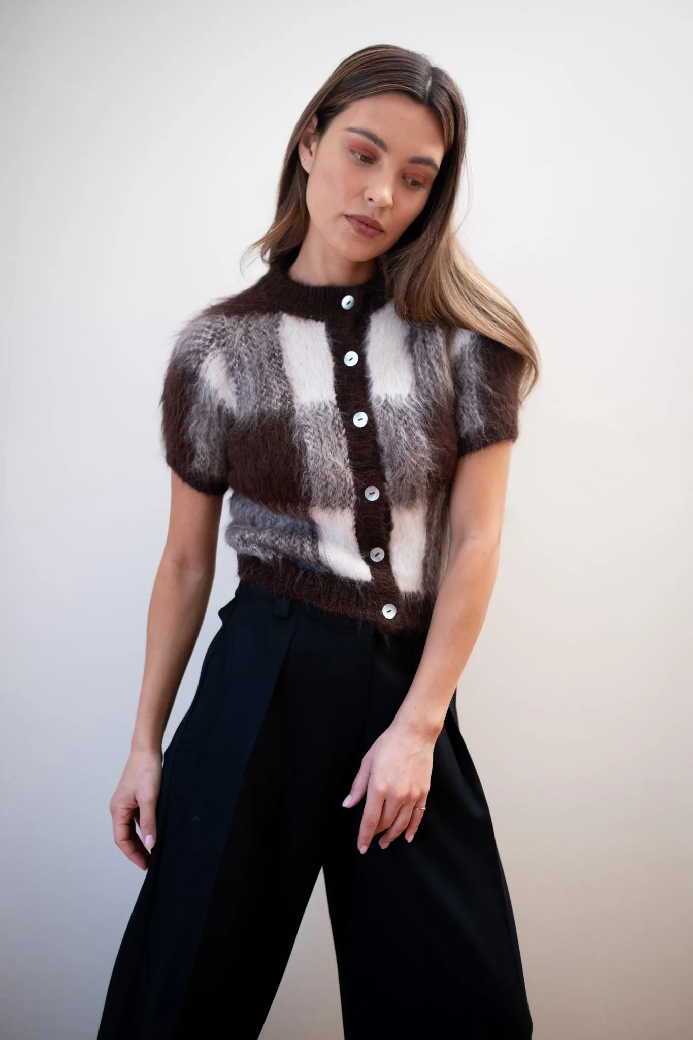 SHORT SLEEVE CARDI | plaid sold by Maria Stanley