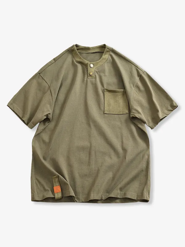 Henry neck T-shirt with contrasting collar and pockets made by Karaku