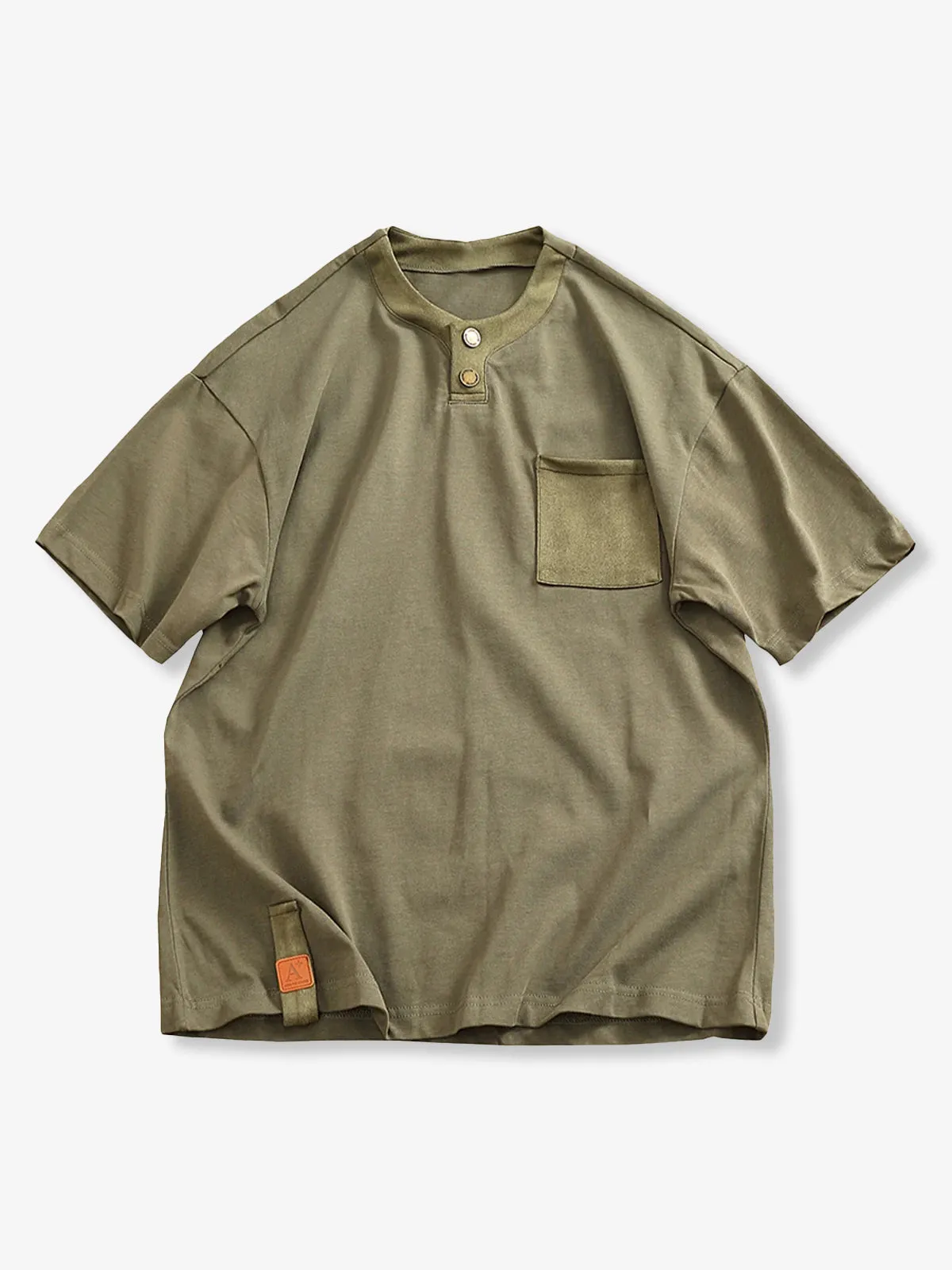 Henry neck T-shirt with contrasting collar and pockets sold by Karaku