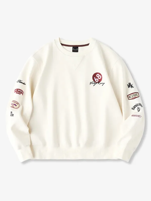 Racing-Inspired Embroidery & Patch V-Gusset Cotton Sweatshirt sold by Karaku