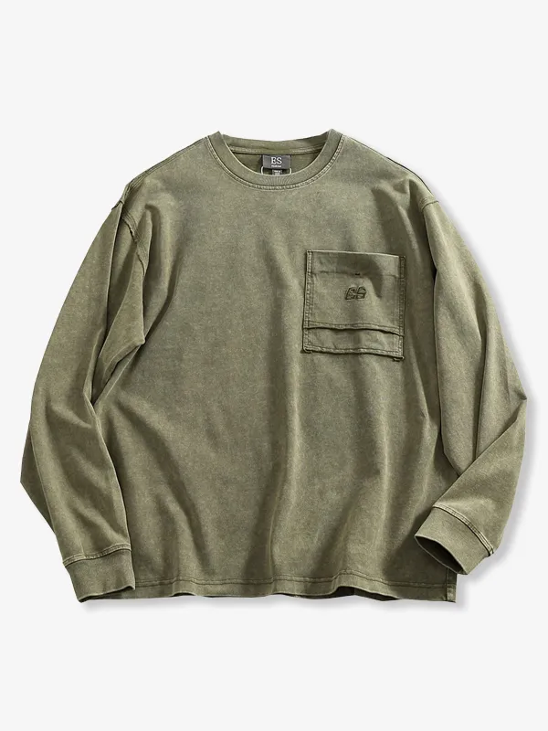 Washed Finish Mini Embroidery & Color-Variation Pocket Long Sleeve Tee sold by Karaku