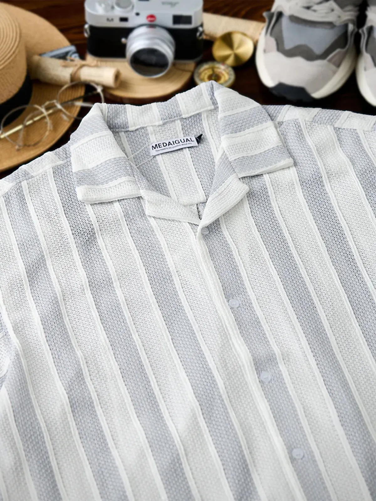 Jacquard Stripe Openwork Lace Cuban Shirt sold by Karaku product image thumbnail 4
