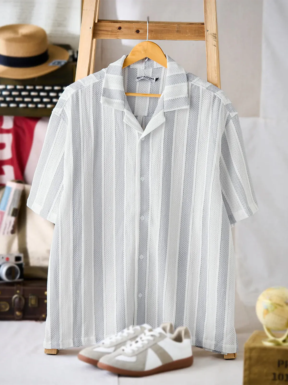 Jacquard Stripe Openwork Lace Cuban Shirt sold by Karaku product image thumbnail 3