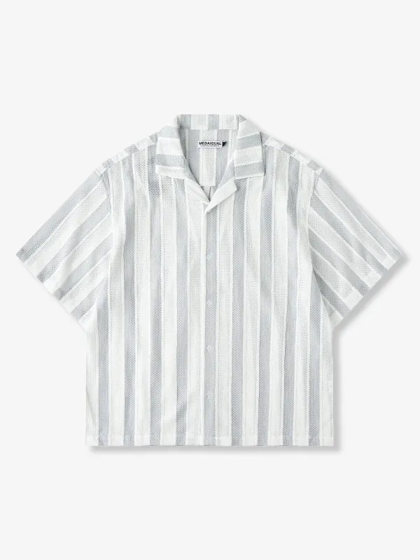 Jacquard Stripe Openwork Lace Cuban Shirt made by Karaku