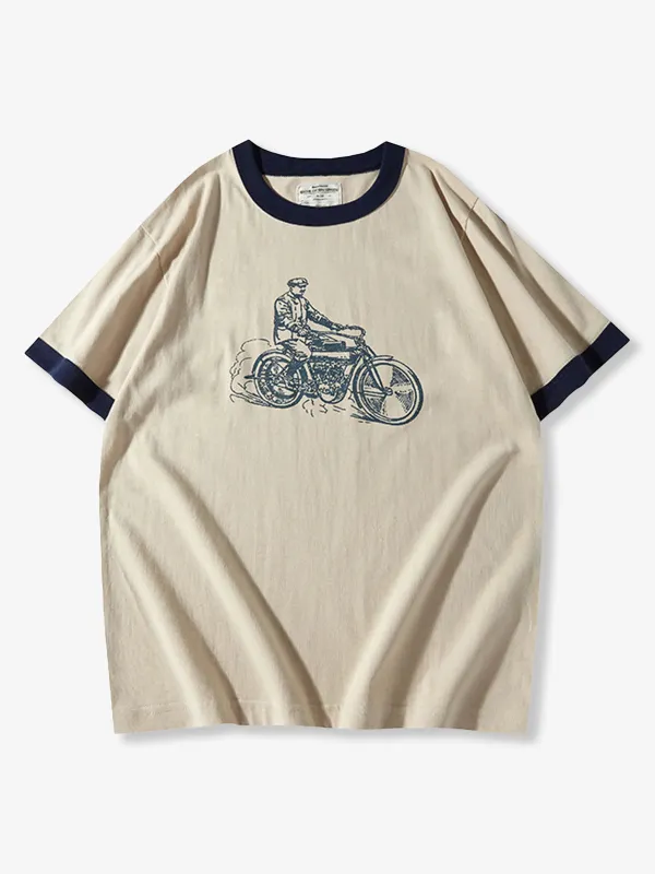 210g Heavyweight Hand-Drawn Style Motorcycle Print Ringer T-Shirt sold by Karaku