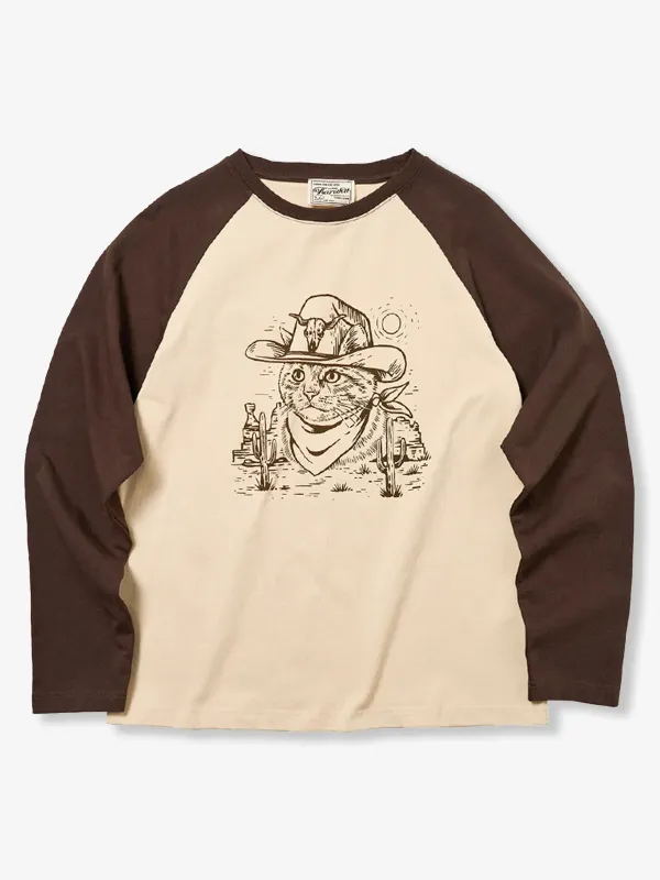 “Cowboy Western Cat” American Casual Print Cotton T-Shirt sold by Karaku
