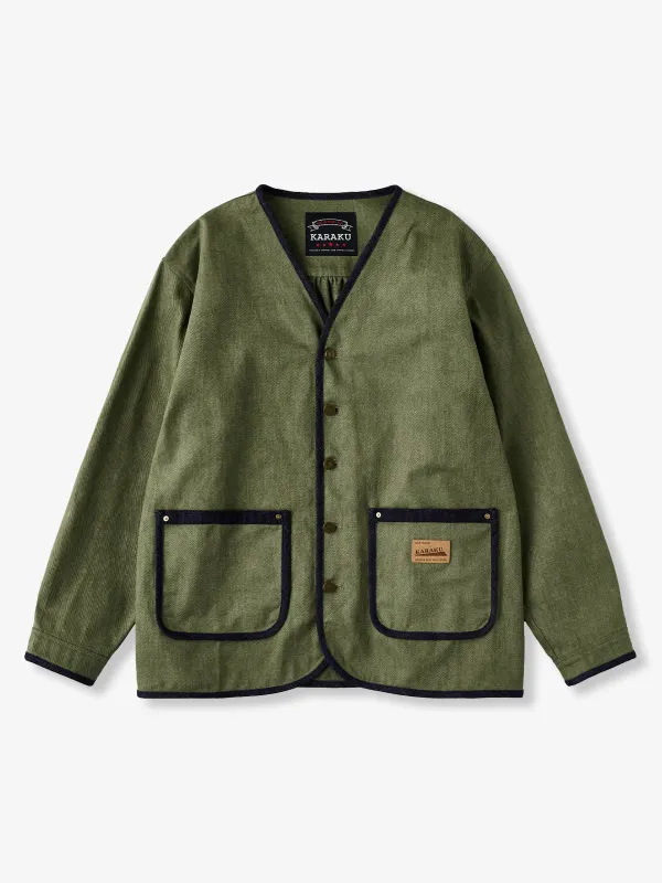 Denim Piping Custom Leather Tag Collarless Jacket sold by Karaku