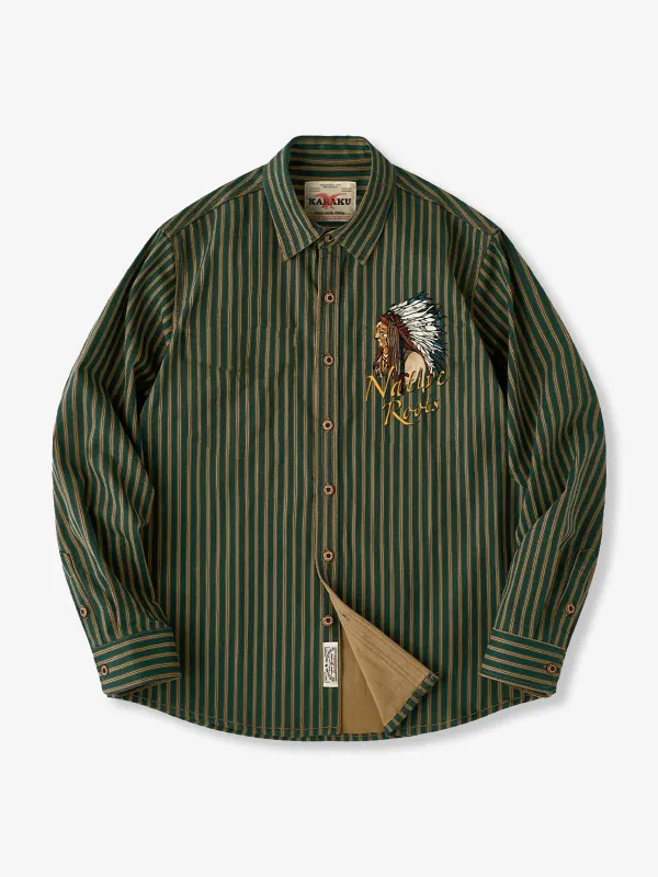Indian Chief Print & Embroidery Heavyweight Striped Overshirt sold by Karaku