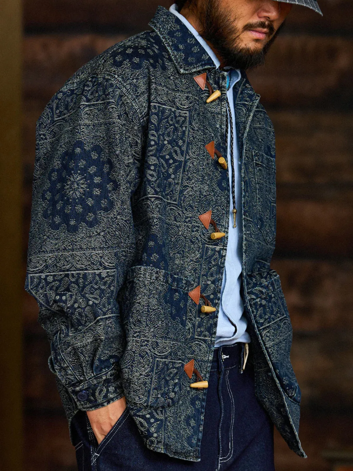 Toggle Buttons Paisley Jacquard Denim Shirt sold by Karaku product image thumbnail 5