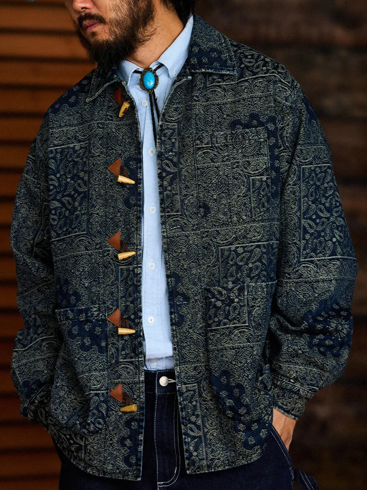 Toggle Buttons Paisley Jacquard Denim Shirt sold by Karaku product image thumbnail 4