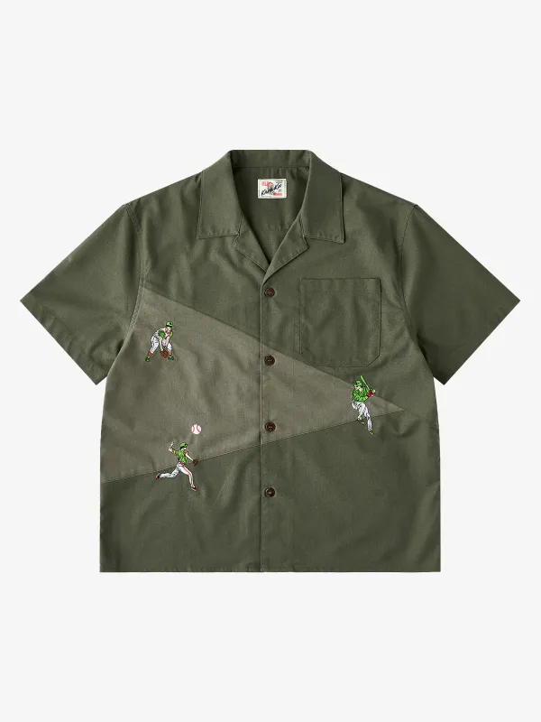 "Baseball Positions" Embroidered Linen-Blend Open-Collar Shirt sold by Karaku
