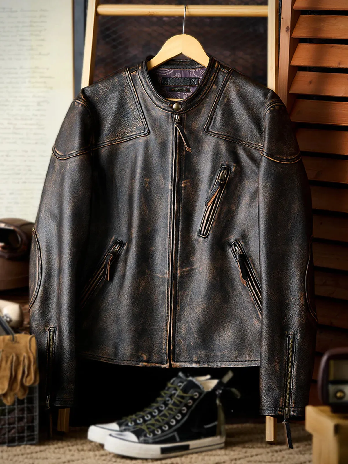 Genuine Leather Slim Fit Riders Jacket with Paisley Lining sold by Karaku product image thumbnail 4