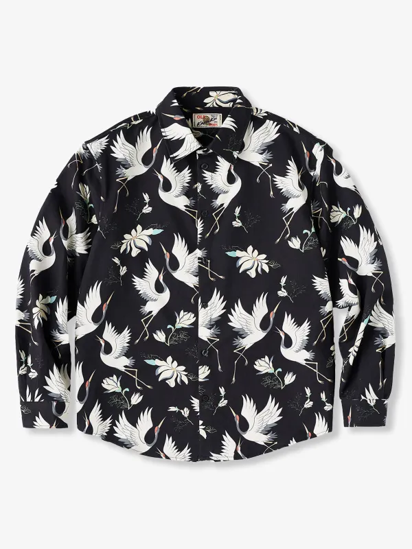 “Flying White Cranes and Flowers” Japanese-Style All-Over Print Long Sleeve Shirt sold by Karaku