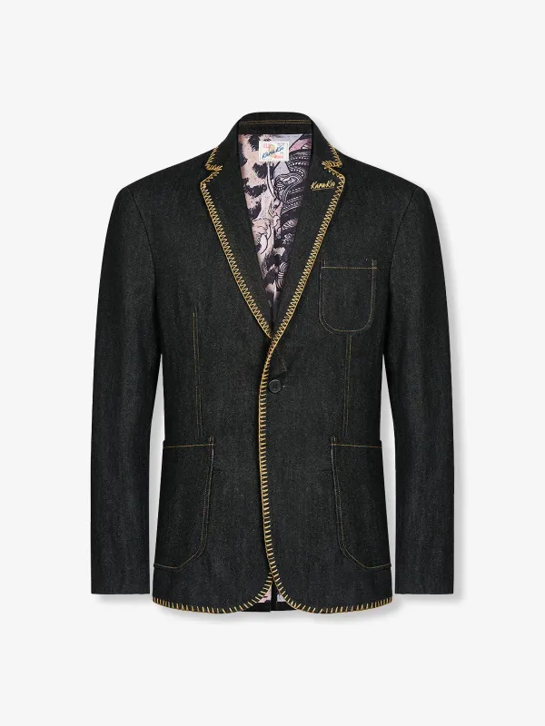 “Honchō Suikoden: Zenshin Batishi” Ukiyo-e Lined Denim Blazer Jacket sold by Karaku