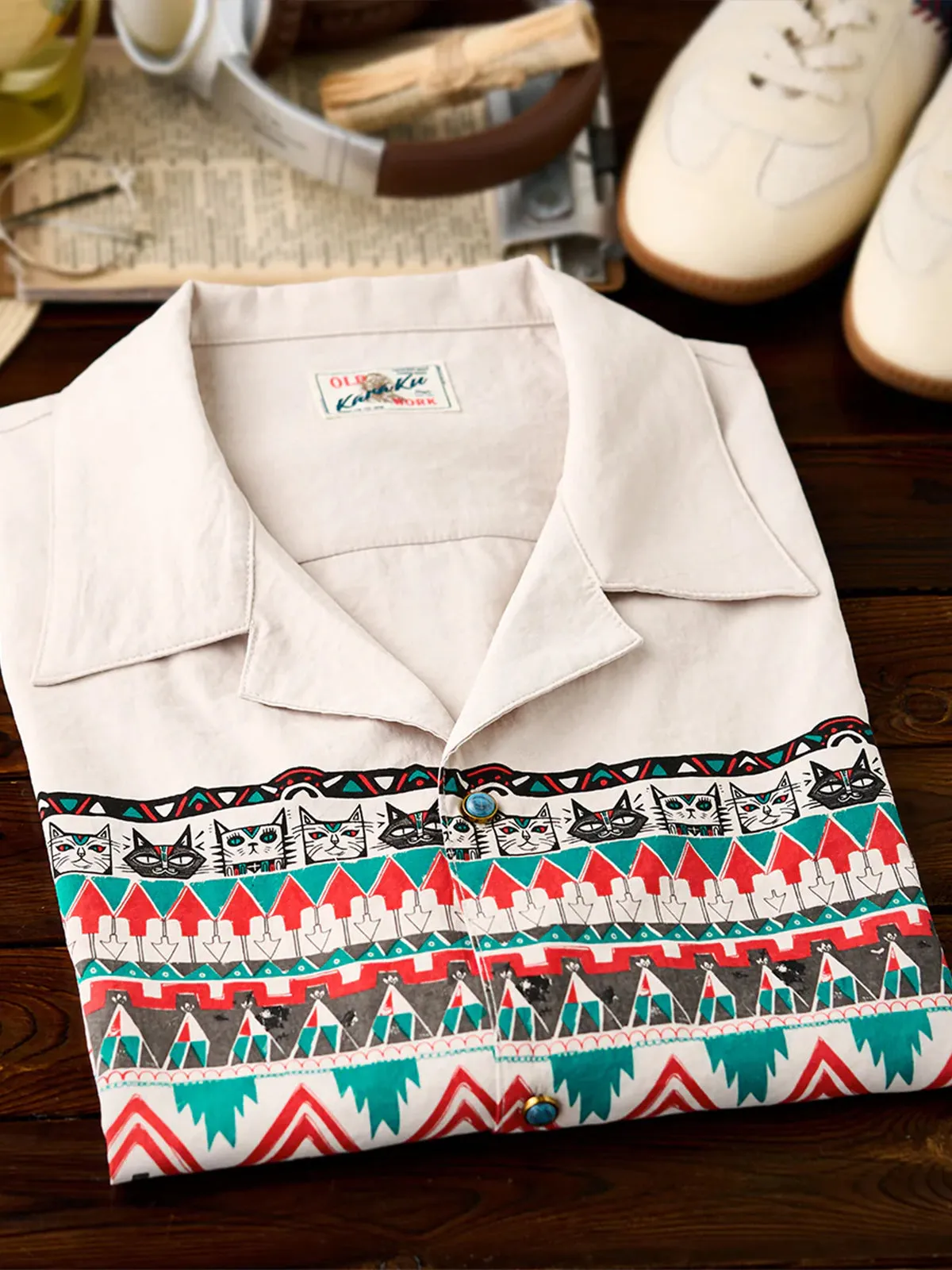 Indian-Inspired “Mystery of the Meow Tribe” Peach Skin Open-Collar Shirt sold by Karaku product image thumbnail 4