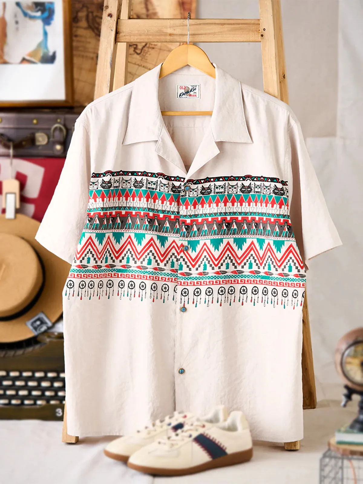 Indian-Inspired “Mystery of the Meow Tribe” Peach Skin Open-Collar Shirt sold by Karaku product image thumbnail 3